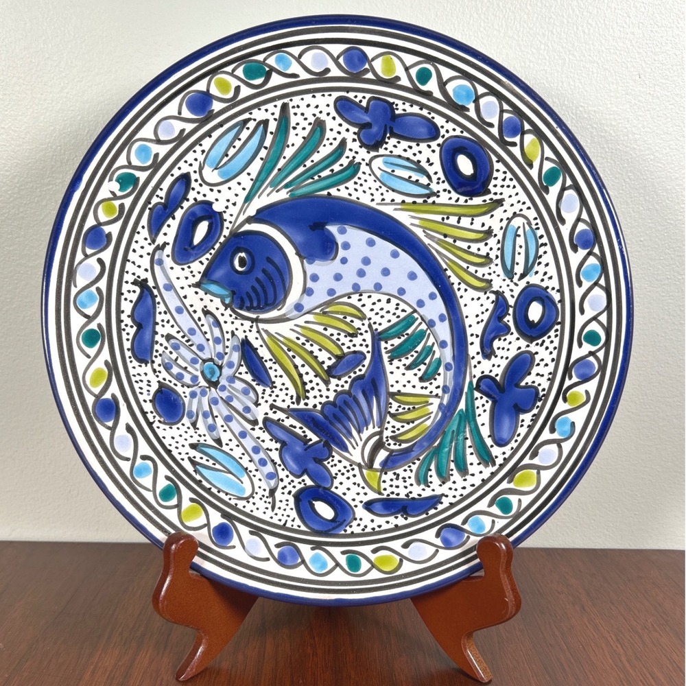 Le Souk Ceramique Dinner Plate Fish Blue Nabeul Mediterranean Pottery Folk Art